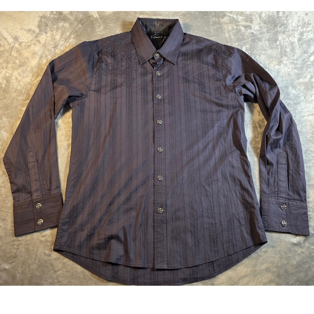 7 Diamonds Button Down Shirt Mens XL Black Embroidered Long Sleeve Striped